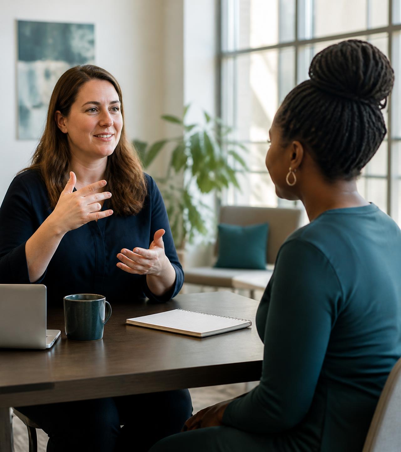 Two professional ASL interpreters in a mentoring conversation at a table in a bright modern workspace