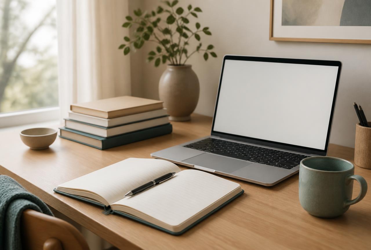 A warm desk workspace with an open notebook, laptop, and books ready for study